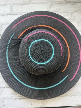 Black Wide-Brim Straw Sun Hat with Pink, Orange & Turquoise Accents
